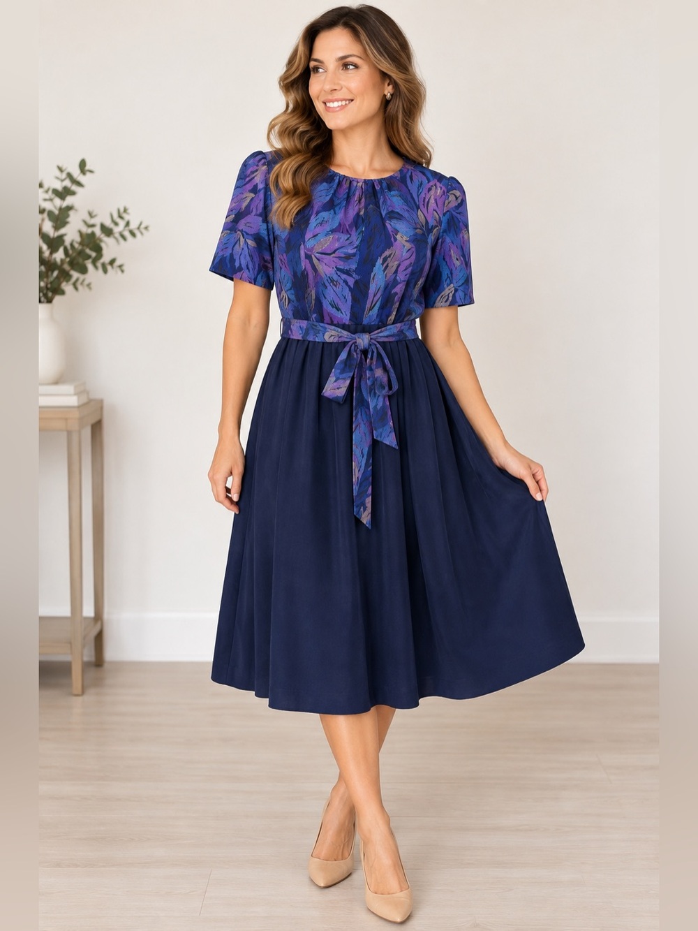 Vintage Lady Hardin Navy Purple Floral Belted Midi Dress Size 14 Made USA